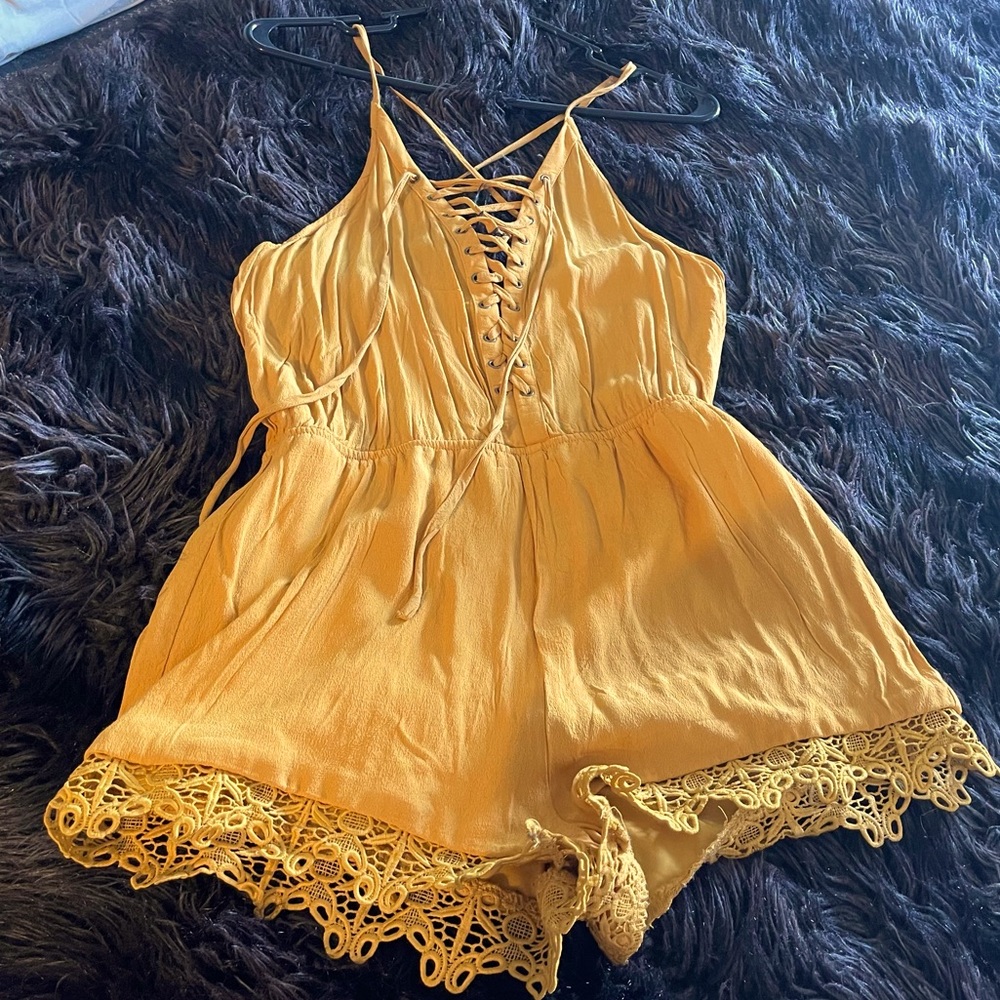 Mustard yellow lace front romper
